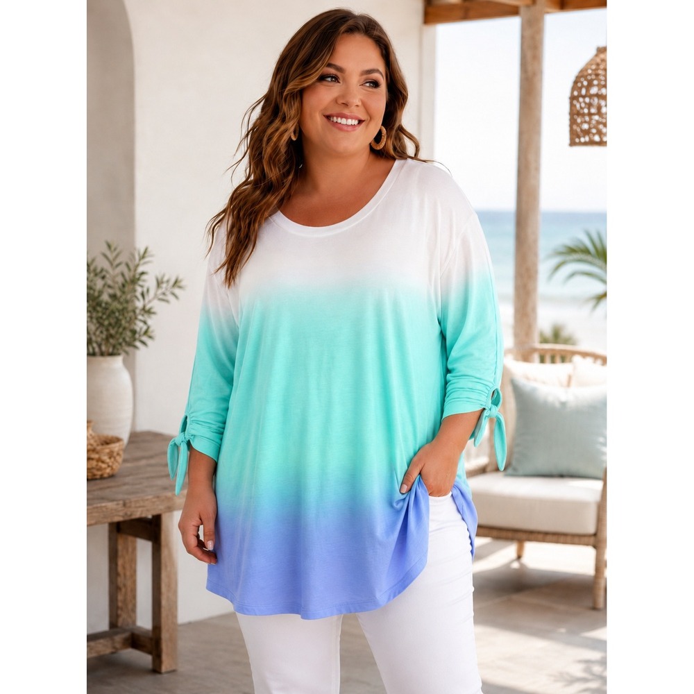 531. Woman Within Ombre Tunic Top 4X Blue Aqua White Tie Sleeve French Terry